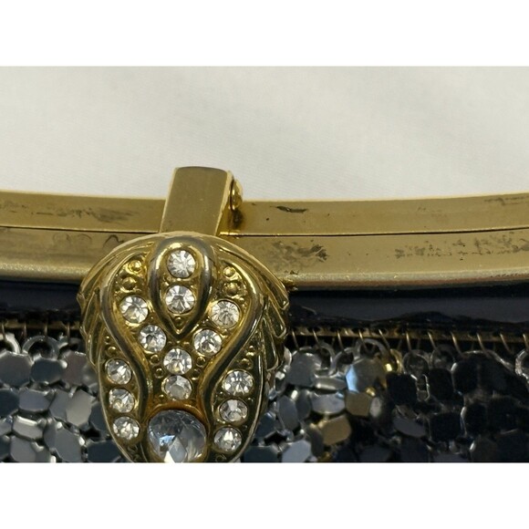 Vintage Black Silver Gold Metallic Zippered Evening Bag Purse Chain Strap - Picture 11 of 11